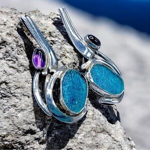 🌺Stunning Artisan Sterling, Roman Glass & Amethyst Earrings